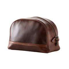 Naklejka premium Brown leather travel cosmetic bag. Rounded, zippered pouch. High-quality craftsmanship