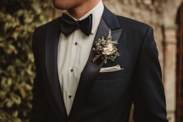 Handsome groom in elegant costume before the weeding waiting to join his bride
