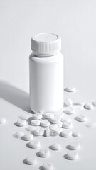 A white plastic bottle and scattered round pills on a white background.