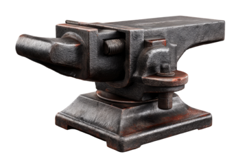 Dark, aged metal anvil with a vise.  Heavy, intricate construction, showing signs of use.  Russet-toned oxidation highlights the surface.  Isolated on black background