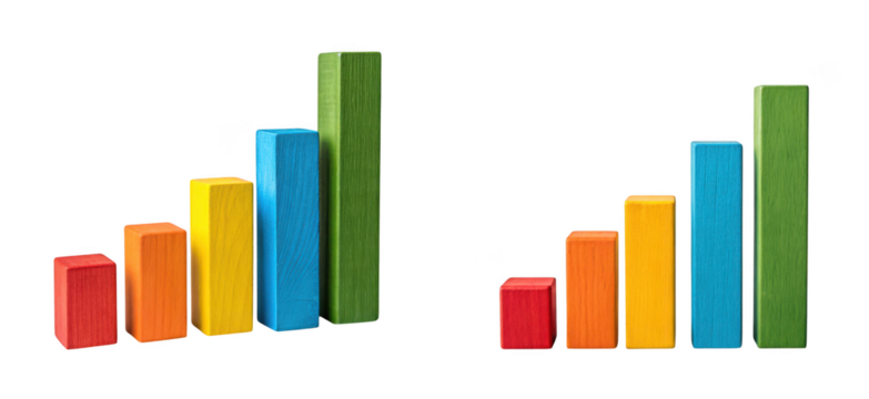 Colorful wooden blocks arranged in ascending bar graph formation, representing growth and progress, isolated on transparent background