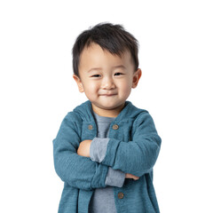 Confident East Asian toddler boy with folded arms on white background