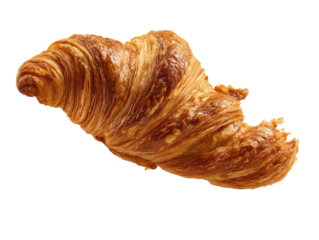 Golden-brown croissant, light-brown hues, buttery, flaky layers, airy texture
