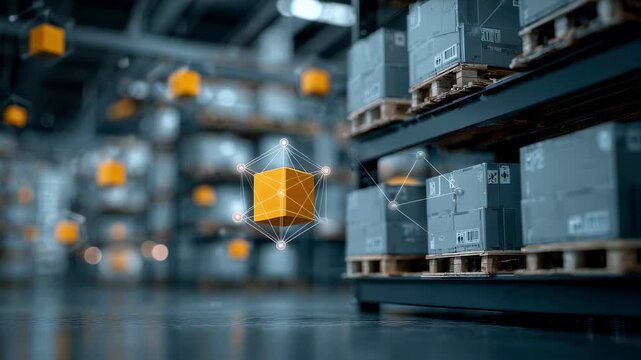 Sharp image of wireless sensor network devices attached to storage bins blurred warehouse setting highlights automated inventory detection technology in action