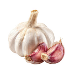 Obraz premium Close-up of a head of garlic with cloves. Fresh, whole bulb and separated cloves. Natural light highlights the white exterior and deep red interior of the cloves