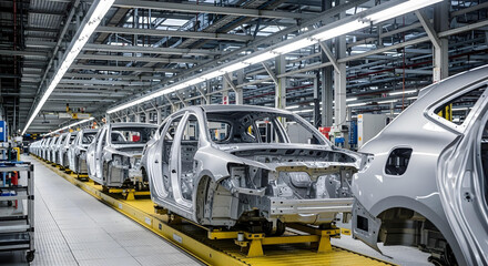 Fototapeta premium Silver car chassis on yellow conveyor in bright factory