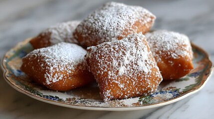 A plate of beignets dusted with powdered sugar, a classic new orleans treat