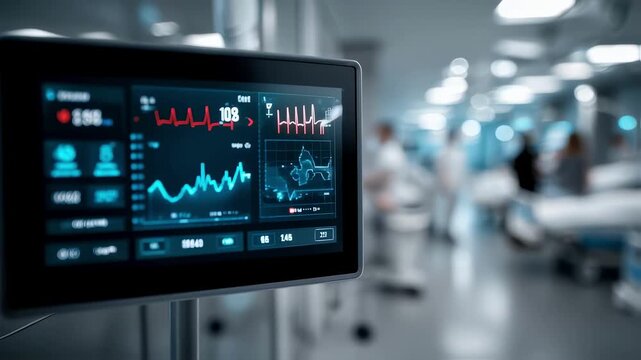 Focused image of a patients biometric data on an RPM dashboard monitor with the hospital room background blurred to draw attention to the screen.