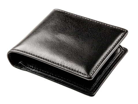 Closed black leather wallet, angled view