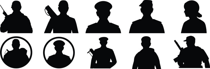 Military silhouettes, armed soldiers, law enforcement officers, tactical team, army personnel, security forces, combat gear, rifle holding, uniformed men, defense concept illustration