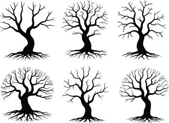 Leafless tree silhouettes, winter barren branches, isolated black trees, artistic nature shapes, root patterns, seasonal forest design, botanical illustration, natural form diversity