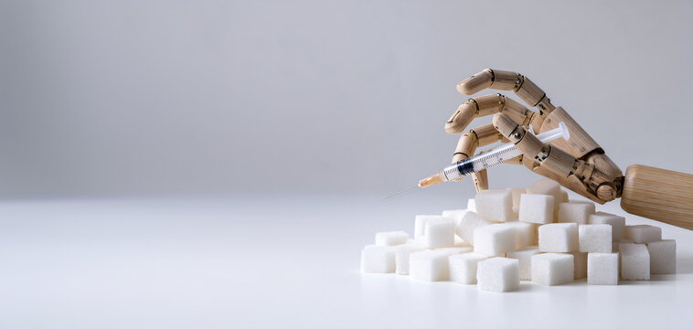 A wooden mannequin hand holding a syringe with a needle inserted into a pile of white sugar cubes. Diabetes and blood sugar concept.