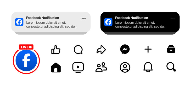 Facebook notification mockup in light mode and dark mode with social media icons and Facebook live sticker UI design template.