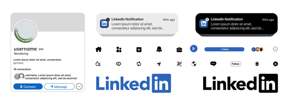 LinkedIn profile mockup with notifications in light mode and dark mode. Social media icons and LinkedIn logo UI design template.