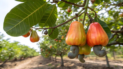 sunlit scene of fresh cashew apples hanging from a tropical tree branch, fully ripe and ready for harvest