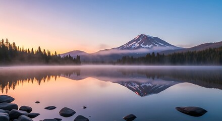 Serene morning reflection on lake, snow capped mountain and mist create a tranquil escape