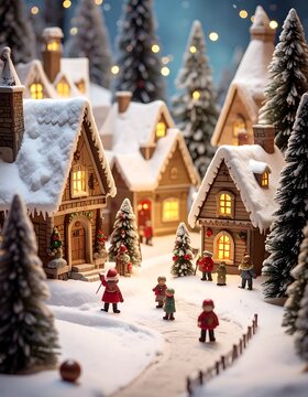 A charming miniature snow-covered village scene at night