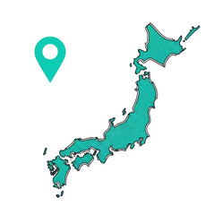 Vector icon of turquoise Japan map outline with location pin symbolizing travel, tourism, navigation, Asia geography, culture, business, and destination planning concepts