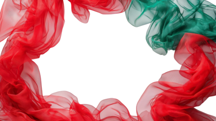 Vibrant Red and Green Sheer Fabric Swirls Creating a Circular Frame with Soft Flowing Texture Ideal for Festive Themes and Celebrations