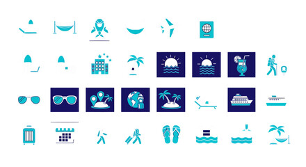 Vector icon sheet of travel and vacation scenes including beach, transport, and leisure in minimalist modern blue and white style for tourism, holidays, and travel websites