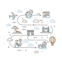 Vector icons of travel and vacation planning with airplane, suitcase, calendar, landmarks, beach, and hot air balloon representing tourism, trips, and holiday preparation