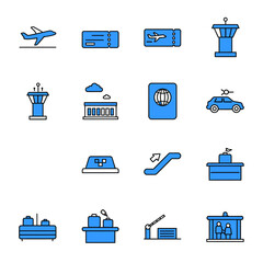 Vector icon sheet of airport and travel essentials including plane, ticket, passport, baggage conveyor, control tower, car, taxi, escalator, reception, waiting room, and building symbols