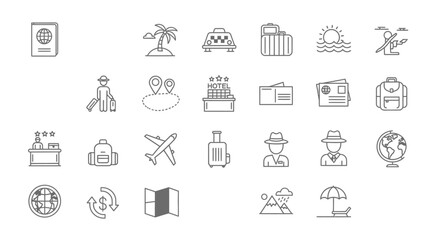 Vector icon sheet of travel and vacation essentials including passport, airplane, suitcase, hotel, beach, mountain, globe, and world map for tourism, holiday, and adventure planning