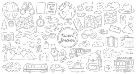 Vector icon sheet of handdrawn travel illustrations including hot air balloon, airplane, globe, suitcase, mountain, palm tree, and transportation for tourism, vacation, and adventure