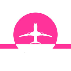 Vector icon of white airplane silhouette in front of pink circle symbolizing travel, flight, aviation, navigation, exploration, tourism, and international adventure themes templates  