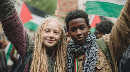 Caucasian girl and African American man at a protest. Community rally for social justice. Crowd marching for human rights. Palestine