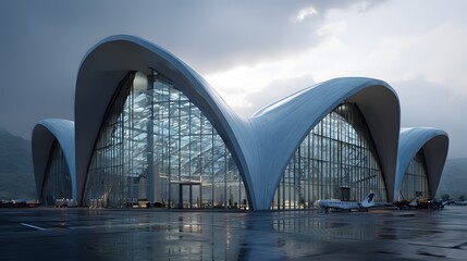 Obraz premium Modern airport terminal with unique architecture and a private jet on the tarmac, futuristic design, aviation hub, travel gateway