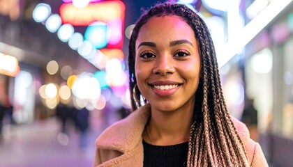 Smiling Woman Enjoying the City Lights at Night