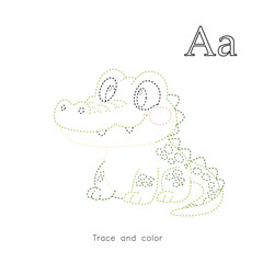 Cute alligator trace and color worksheet with letter A. Educational printable for preschool kids to learn alphabet, handwriting, and coloring activity.
