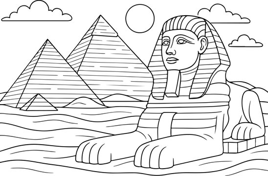 hand drawn vector doodle illustration of pyramids and sphinx coloring page for kids line art