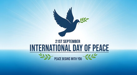International day of peace dove with olive branch against a blue sky background