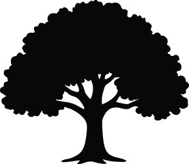 vector silhouette, oak tree with broad rounded canopy, single trunk, solid black