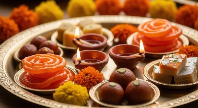 Diwali Delights: A close-up of a traditional Indian festive thali showcasing a vibrant assortment of sweets, glowing diyas, and marigold flowers, embodying the spirit of celebration.