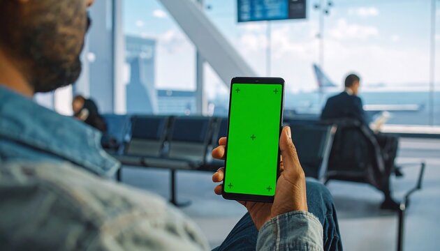 A person holds a smartphone with a green screen, seated in an airport waiting area.