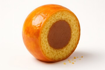 Close up of a round pastry with a chocolate filling cut in half