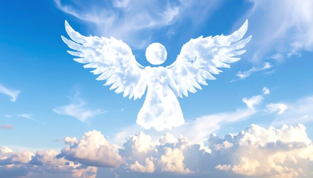Angel formed from clouds in a vast blue sky