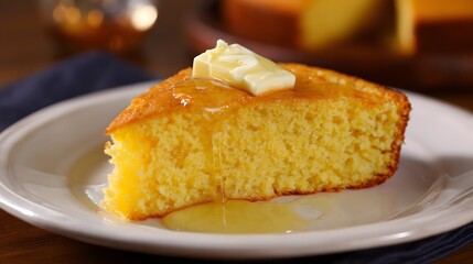 A slice of cornbread with butter and honey on a white plate