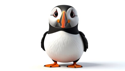 Fototapeta premium Adorable cartoon-like bird with a large orange beak and expressive eyes, standing against a clean white background