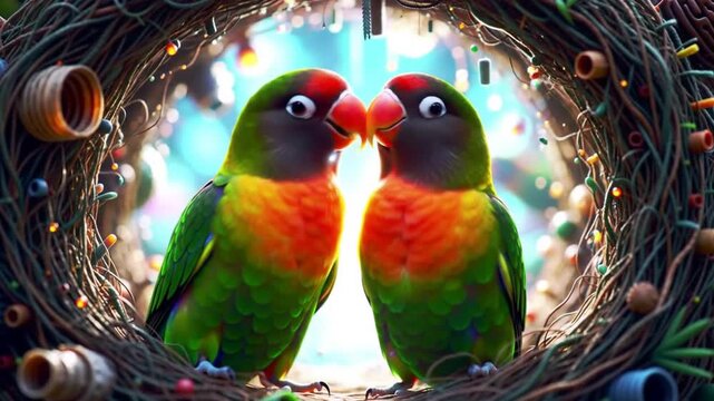 Colorful parrots in decorative nest