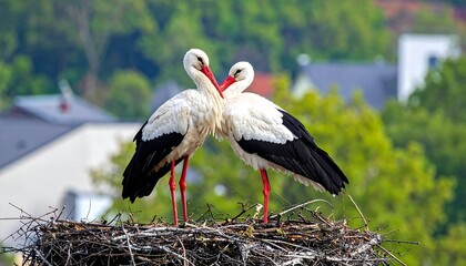 Two storks, heads close together, rest on a nest, amidst a backdrop of lush greenery and residential buildings.