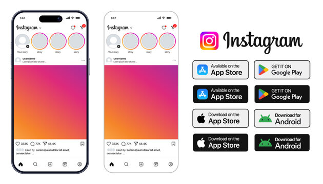 Instagram mobile app mockup with iPhone screen UI design and app store download buttons template for Google Play and Android