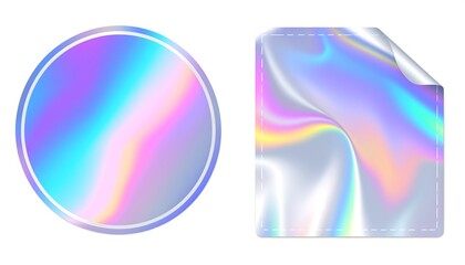 Fototapeta premium Two iridescent holographic stickers, one circular and one rectangular, feature vibrant gradients of pastel colors, creating a visually captivating design.