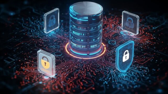 Data security video showing protected database server with digital locks in modern network
