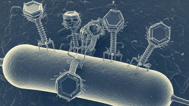 Electron micrograph reveals bacteriophages attaching to bacterial cell surface appearing like tiny spacecraft