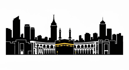 Silhouette of mecca skyline with kaaba and skyscrapers in black and white vector illustration created with generative ai