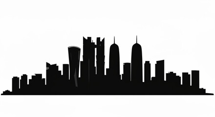 Silhouette of a city skyline with various tall buildings against a white background showcasing urban architecture created with generative ai